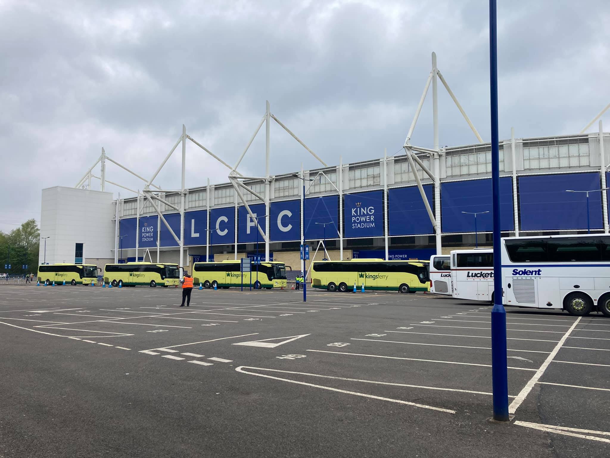 The Kings Ferry, Lucketts and Solent coaches parked in the King Power Stadium carpark
