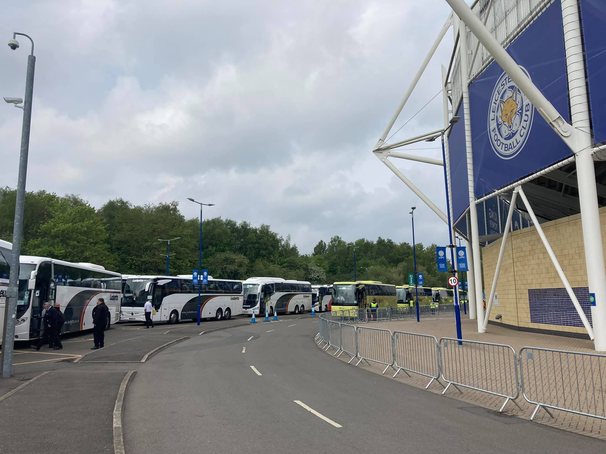 The Kings Ferry, Lucketts and Solent coaches queued up outside Leicester City Football Club stadium