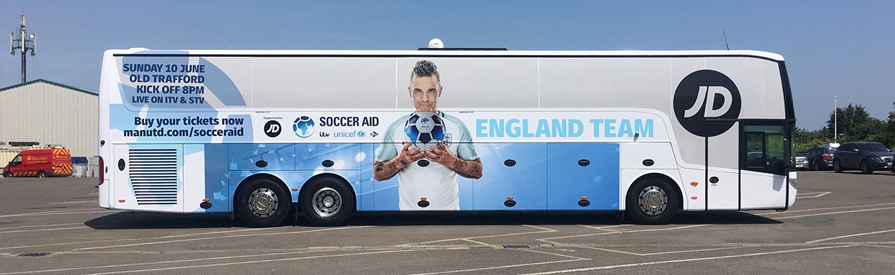 Soccer Aid private coach parked ready for the England Football team